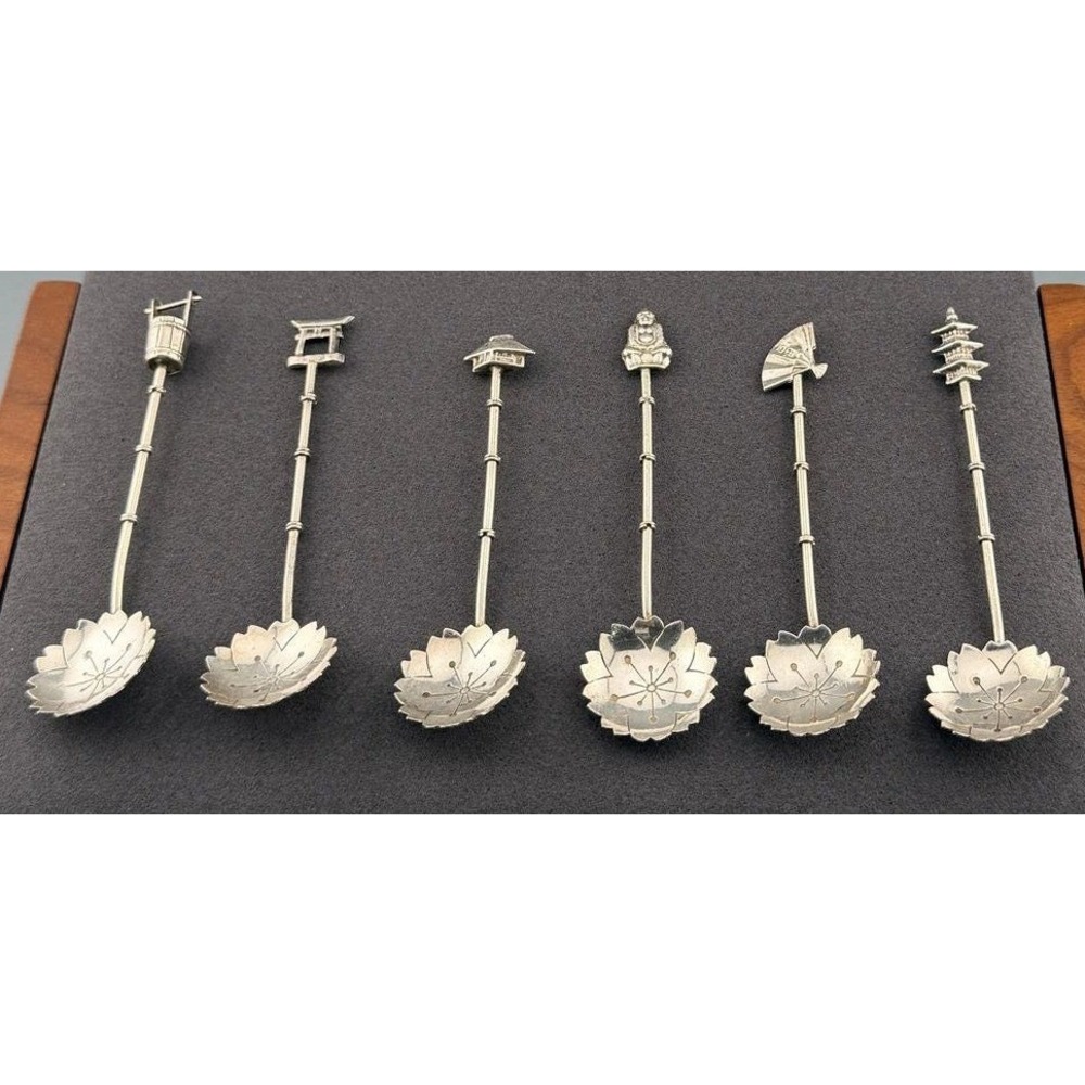 Vintage Asian Salt Spoons 940 Silver Pagoda Buddha Fan Bamboo 3.5in